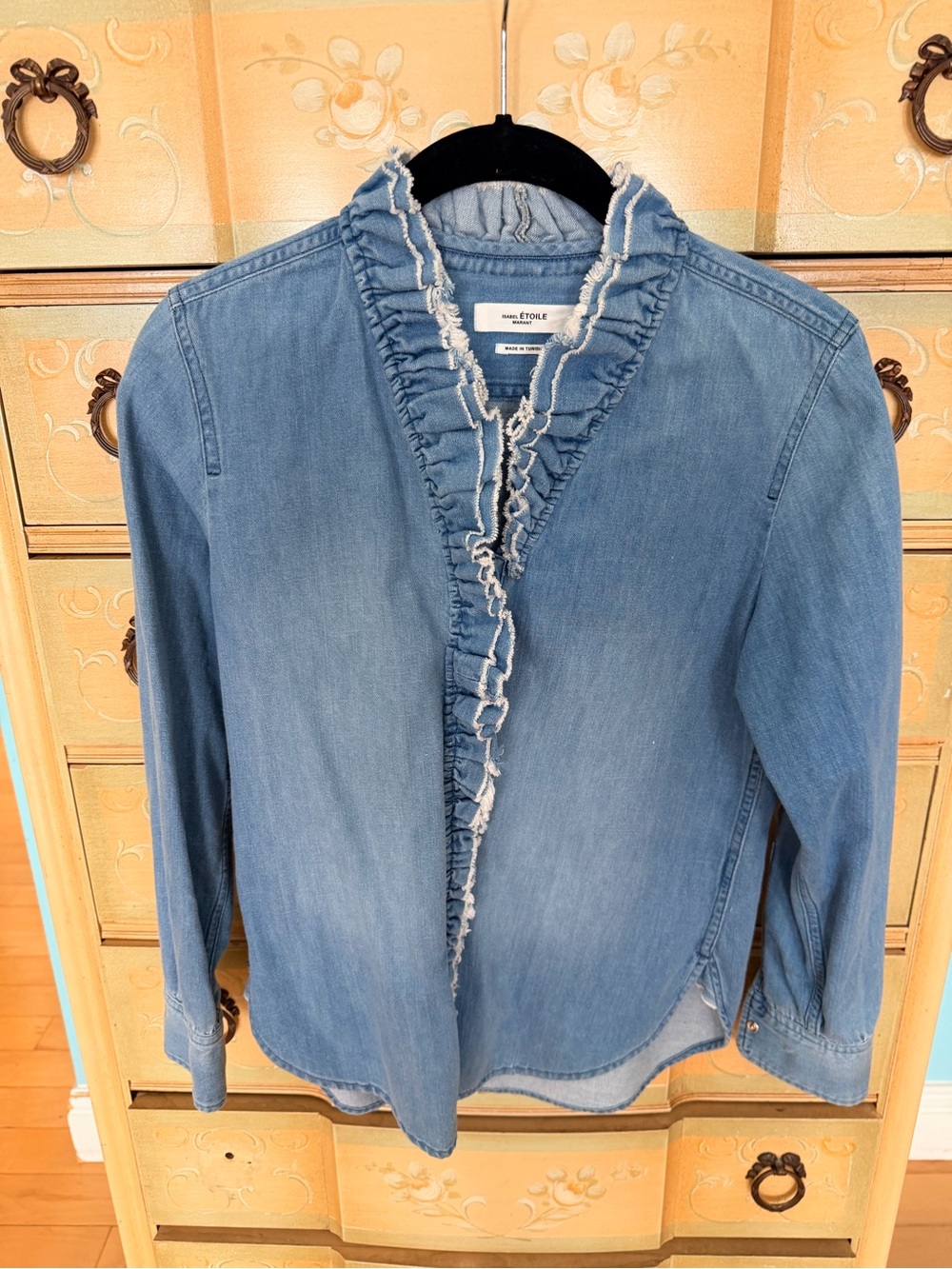 Isabel Marant Ruffle-Trim Denim Button-Front Shirt - Light Blue